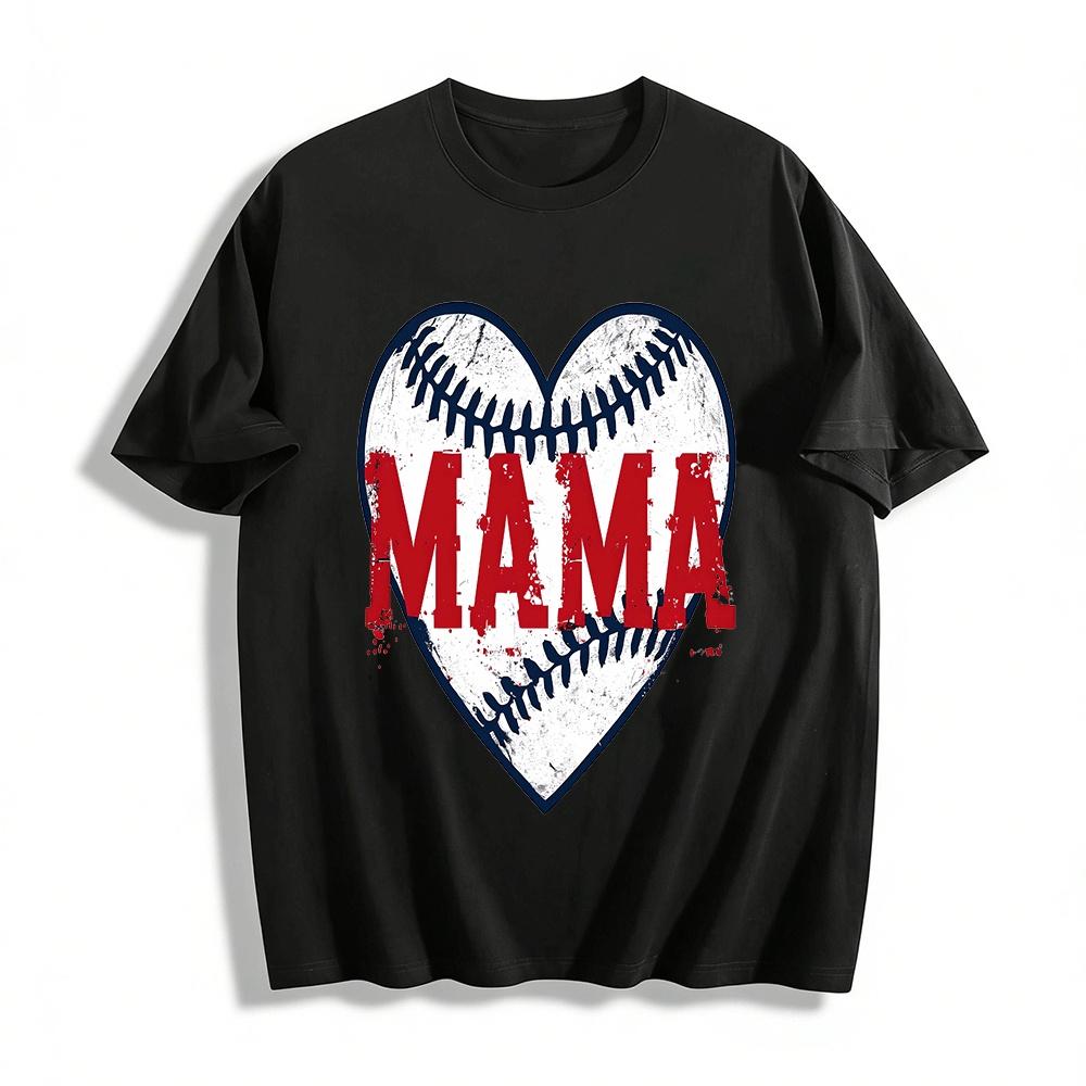 Vintage Baseball Heart MAMA Print Casual Tee Baseball Mom Support Top Pure cotton T-shirt