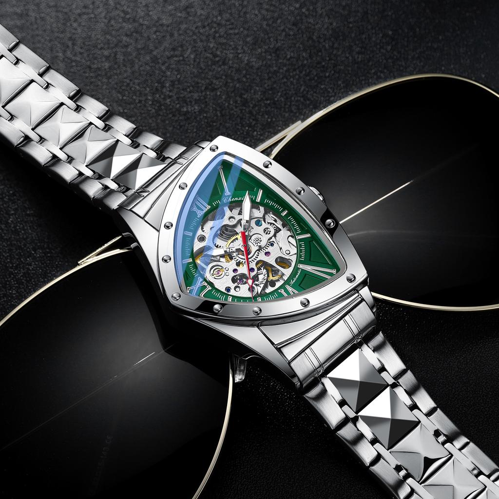 CHENXI 8853 Fully Automatic Men Mechanical Fashion Military Hollow Waterproof Steel Strip Unique Triangular Dial Watches for Man