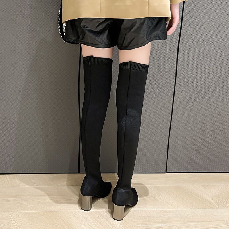 Осень-зима 2025 новая корейская версия модных универсальных эластичных сапог женские остроносые на толстом каблуке на высоком каблуке элегантные сапоги до колена