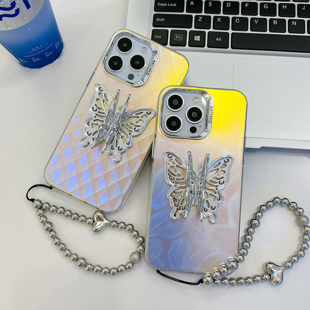 For Apple 16E Three-dimensional Butterfly Stand Electroplated Laser for IPhone15promax Bracelet Mobile Phone Case