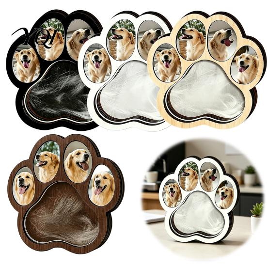 Pet Memorial Desk Decor Wooden Paw?Shaped Picture Frame, Keepsake Photo Frame with Fur Storage Compartment, Loss Remembrance Tabletop Ornament