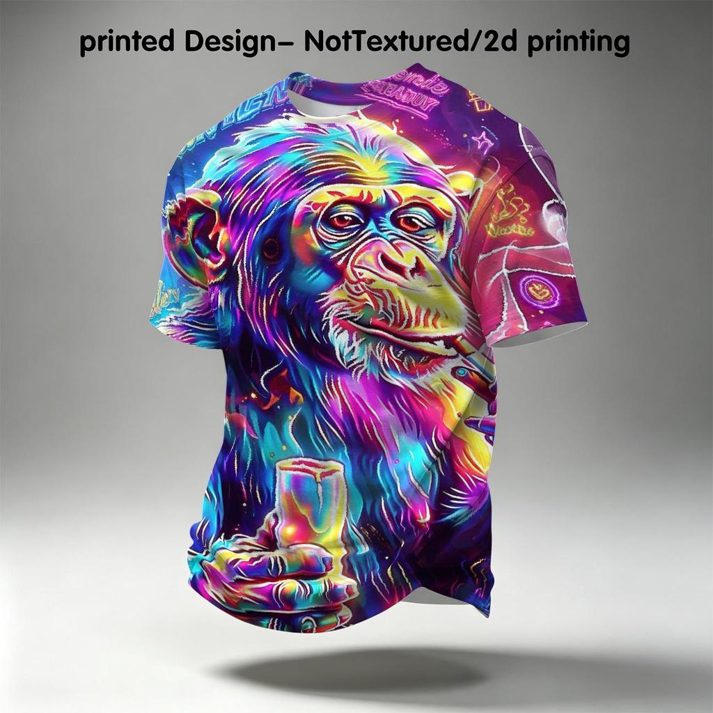 Men All‑Over Print T‑Shirt, Vibrant Neon Chimpanzee Cosmic Galaxy Graphic Short Sleeve Tee