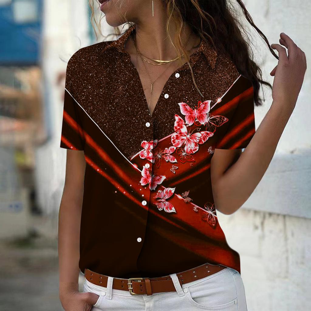 2025 Лето Новая Мода Женская Повседневная Рубашка Топ с Коротким Рукавом и V-образным Вырезом на Пуговицах с Принтом Бабочек