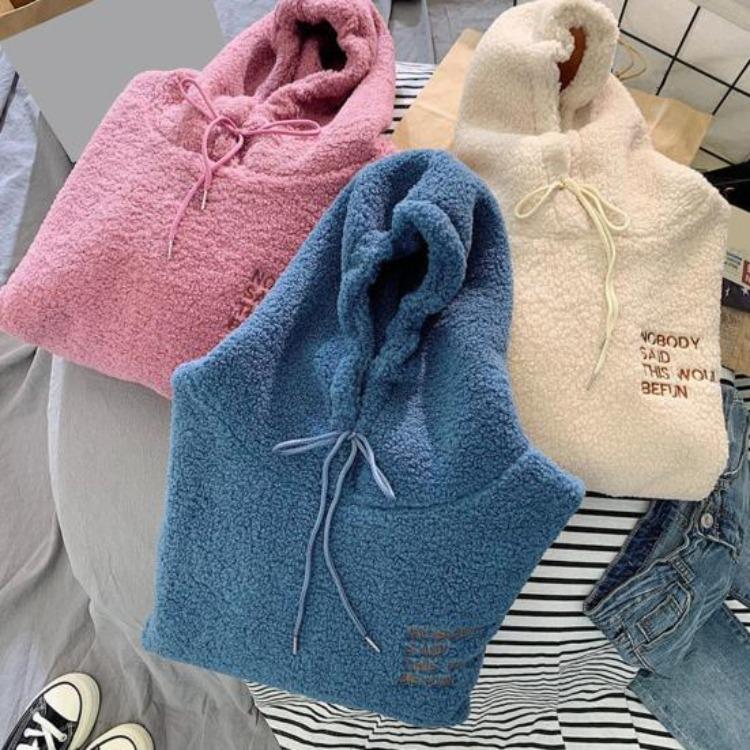 Women Fleece Hoodie Warm Winter Loose Pullover Long Sleeves Thick Letter Embroidery Top Elastic Cuff Drawstring Patch Pocket Fall Fashion