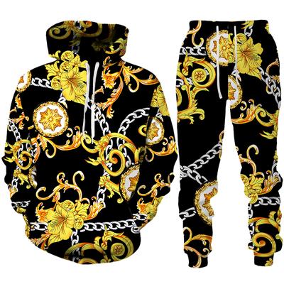 Роскошный мужской комплект из 2 предметов с золотым цветочным принтом, толстовка с капюшоном/брюки/набор в стиле ретро в стиле барокко, уличная одежда в стиле хип-хоп, мужской/женский спортивный костюм