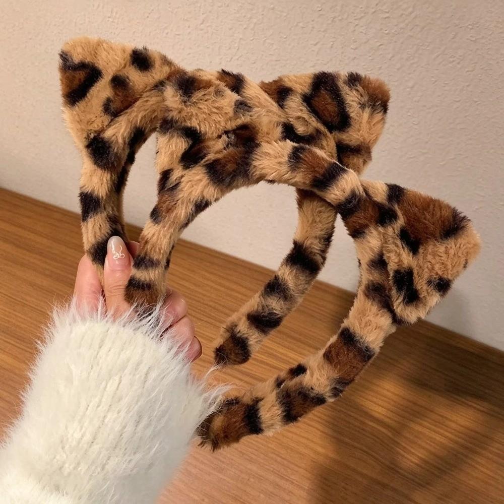 Furry Texture Plush Hair Band Leopard Print Furry Hair Hoop Cute Cat Ear Headband Daily Wear