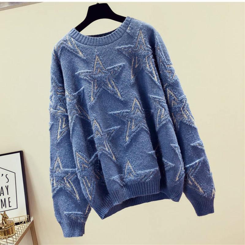 Вязаный свитер со звездами, осенне-зимний жаккардовый свободный свитер с круглым вырезом и длинными рукавами