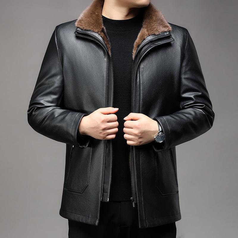 Мужская кожаная куртка из утолщенного бархата со съемной внутренней подкладкой из меха, куртка из натуральной кожи для мужчин среднего и пожилого возраста