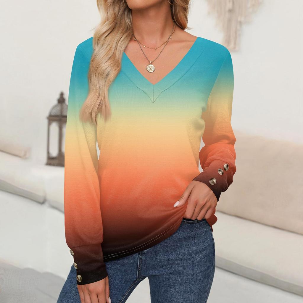 Women's Tops Gradient Printed Long Sleeve Shirt V Neck Casual Loose T-Shirt Autumn Clothing