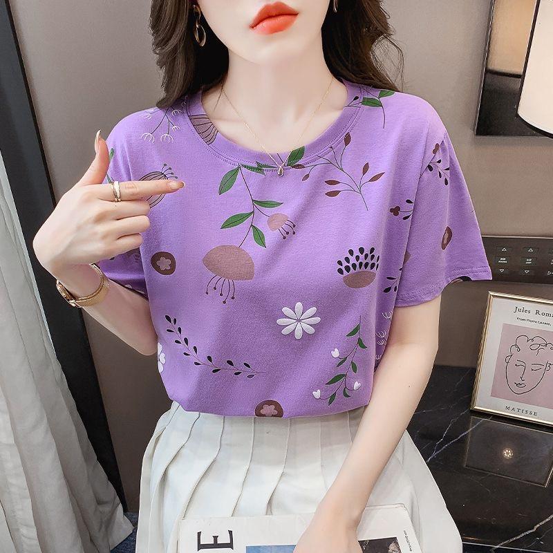2025 Летняя повседневная футболка для женщин Базовый цветочный принт Топы с коротким рукавом и круглым вырезом свободная футболка y2k Винтажный топ Harajuku Streetwear