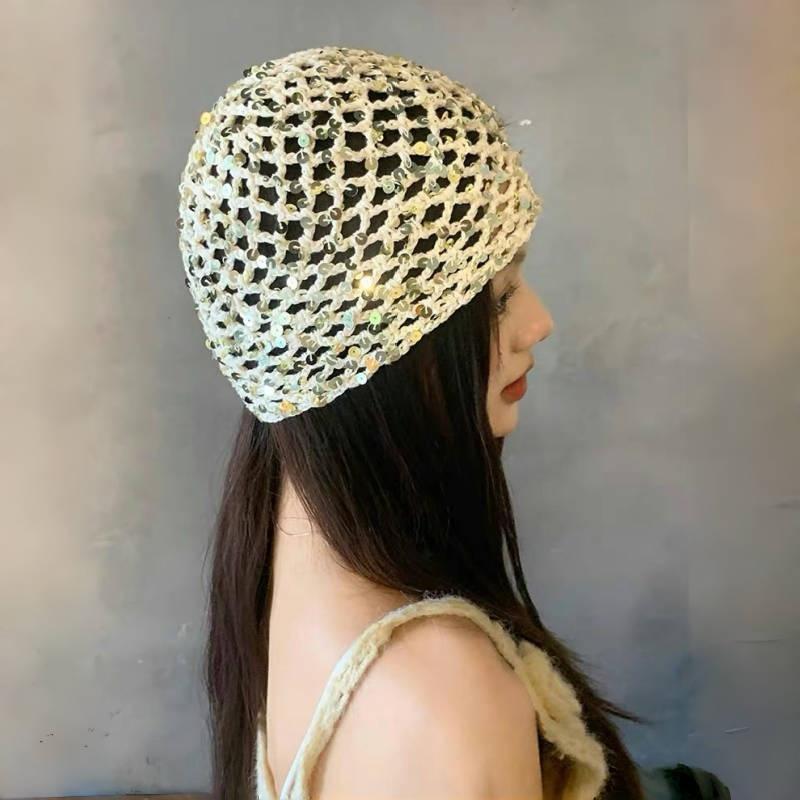 Vintage Sequined Hollow Pullover Hats Women Summer Autumn Travel Photo Atmosphere Versatile Casual Y2K Knit Beanie Hat