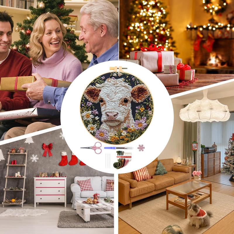 Набор для вышивания для начинающих Симпатичные коровки, ромашки, цветы, наборы для начинающих Включает пяльцы для вышивания Ткань иглы