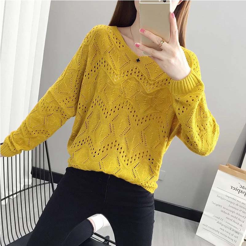 Hollow Knit Sweater Thin Women's Loose Pullover Sweet Outer Bottomed Blouse College Girl Style Hand Knitting