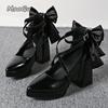 Fashion Black Chunky High Heel Pumps for Women Cross Straps Back Butterfly-knot Ladies Mary Jane Shoes Pointed Toe Lolita Heels Elegant