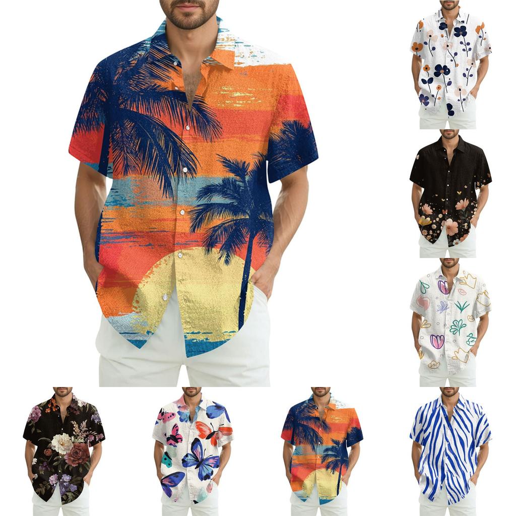 Мужская модная свободная гавайская принтованная пляжная рубашка с коротким рукавом