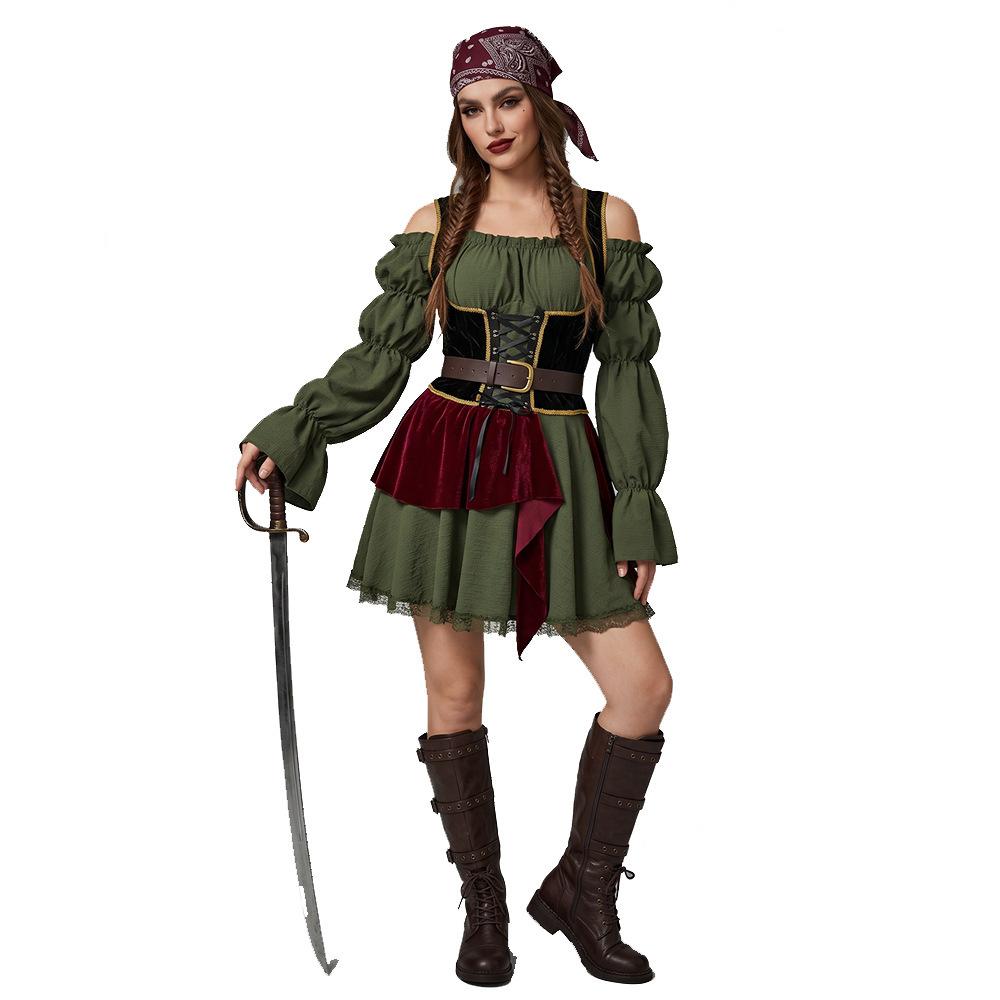 Cosplay Europe, America, Halloween Pirates of the Caribbean cosplay costume one-word shoulder bubble sleeve waist robber dress women