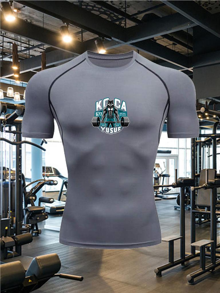 Мужская серая компрессионная футболка с коротким рукавом KOCA с принтом Muscle Robot, быстросохнущая, дышащая, высокая эластичность, спортивный топ для зала и тренировок