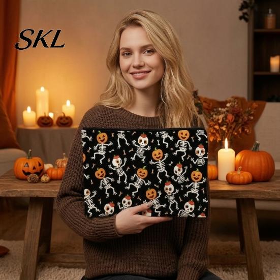Large Capacity Pencil Pouch Halloween Storage Bag, Cosmetic with Pumpkin Small Toiletries Organizer Castle Skull Print, Smooth Zipper Thickened Canvas