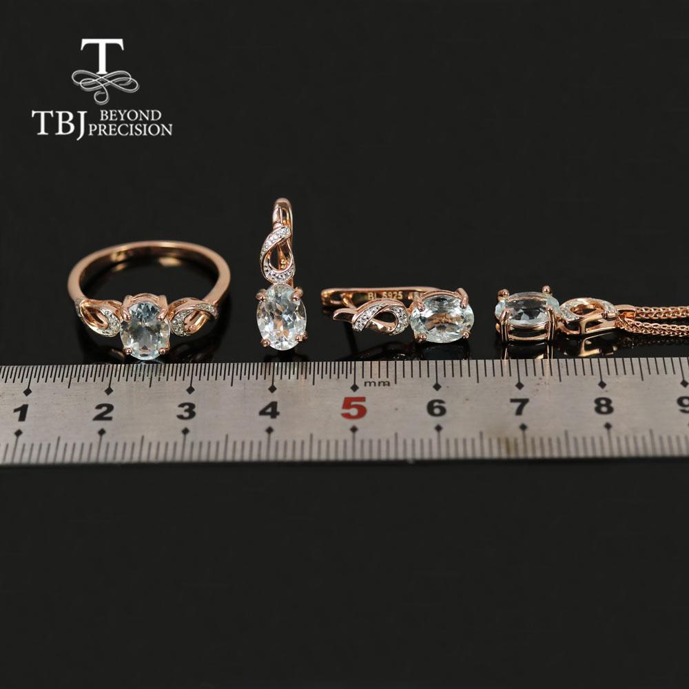 New 100% Natural Aquamarine Oval 6*8mm Gemstone Ring Earring Pendant Jewelry Set 925 Sterling Silver Fine Women's Jewelry