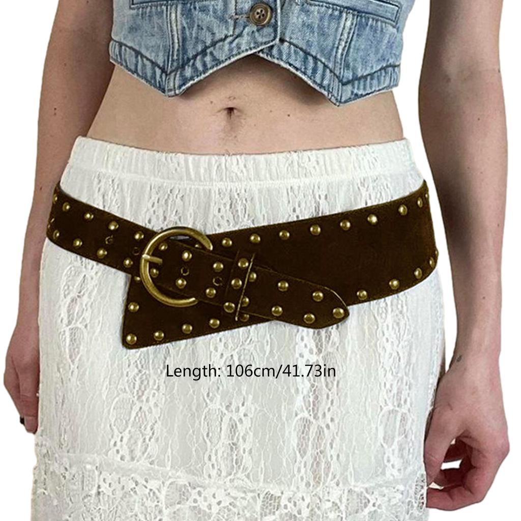 Women Elastic Waist Belt Vintage Leathercraft Punk Style Waist Belt with with Metal Round Buckle for Women Jeans