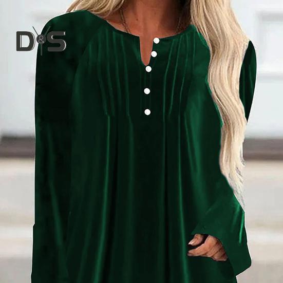 Vneck Shirt Velvet Women Buttons Half Placket Long Sleeve Asymmetric Hem Pullover Tops Solid Color Midlength Blouse