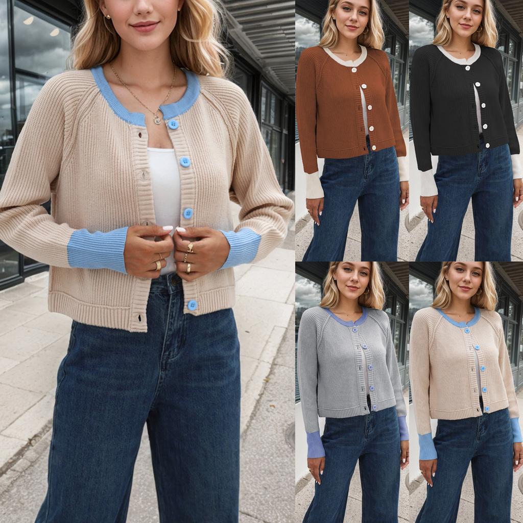 Autumn and Winter Sweater Women's Knitwear Fashion Round Neck Single Row of Buttons Colour Collision Knitted Cardigan Jacket