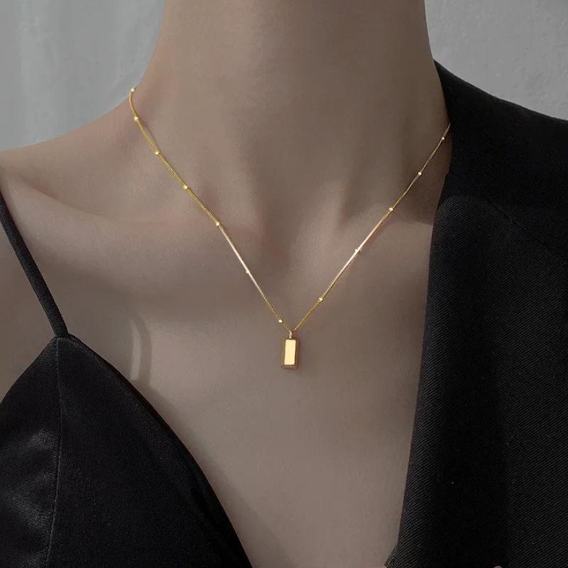 S925 Sterling Silver Gold Brick Pendant Necklace for Women Minimalist Chic Chain 41cm 50cm