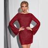 Women's Shiny Sequin Backless Lace Up Mini Dress Long Sleeved Shiny Tight Party Casual Dresses