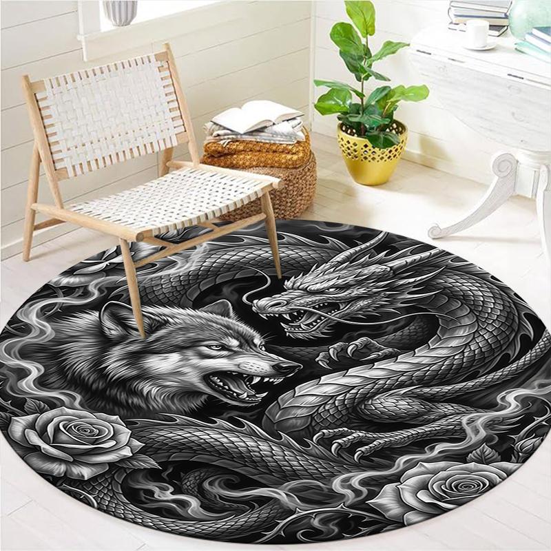 Sketch Armor Dragon Wolf Truck Round Area Rug,Carpet Rug for Living Room Bedroom Sofa Playroom Decor,Non-slip Floor Mat