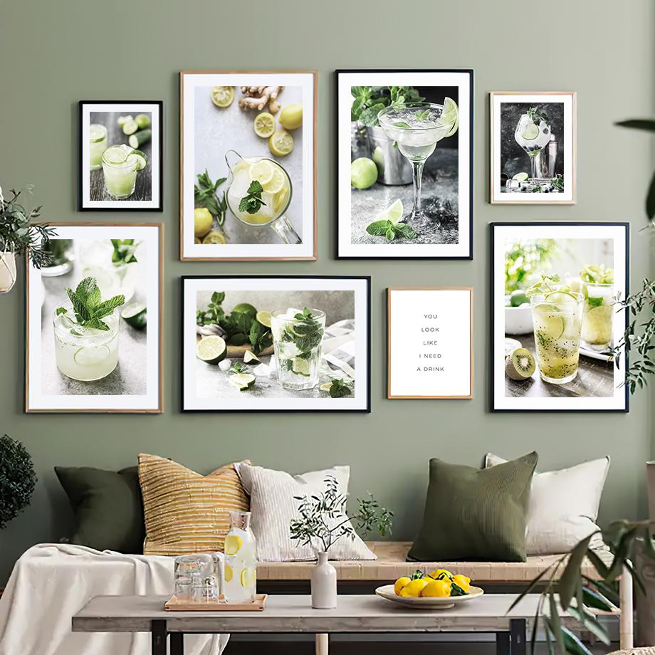 Modern Cocktail Lemon Cucumber Posters Prints Drink Mojito Martini Wall Art Canvas Painting for Bar Kitchen Room Home Decoration