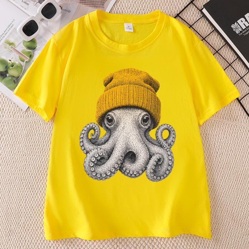 Cute Octopus Beanie T Shirt Ocean Animal TShirt Vintage Octopus Tees Casual Round Neck Printed Cotton Short Sleeve Tshirts