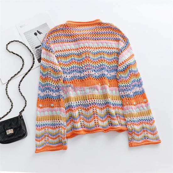 Women Knitting Cardigan Round Neck Flared Long Sleeve Single Breasted Sweater Coat Autumn Winter Rainbow