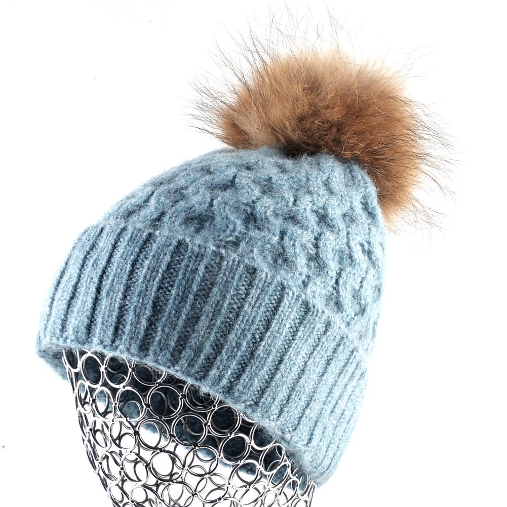 Женская зимняя шапка, женская теплая вязаная шерстяная шапка с натуральным мехом и помпоном, шапки для девочек