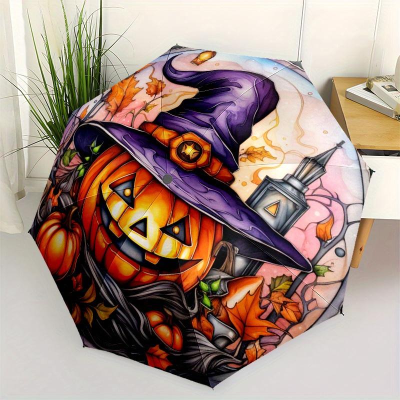 Halloween Pumpkin with Witch Hat Stained WindowUmbrella, Portable 3-Fold Compact Umbrella,Christmas Gift ES458