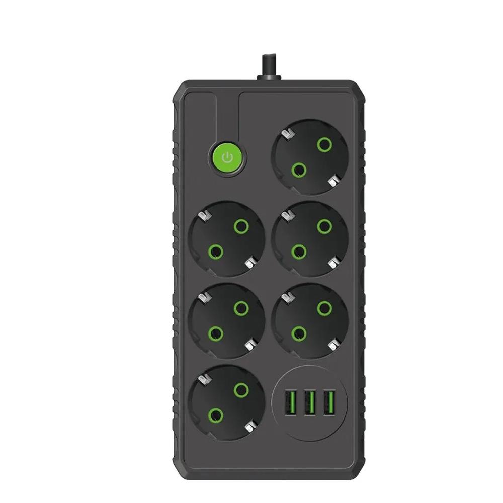 Розетка европейского стандарта 2/4/6 розеток, удлинитель с несколькими ответвлениями, электрическая розетка, удлинитель 2 м с 3 портами USB, максимальная мощность 2500 Вт, 1 выключатель