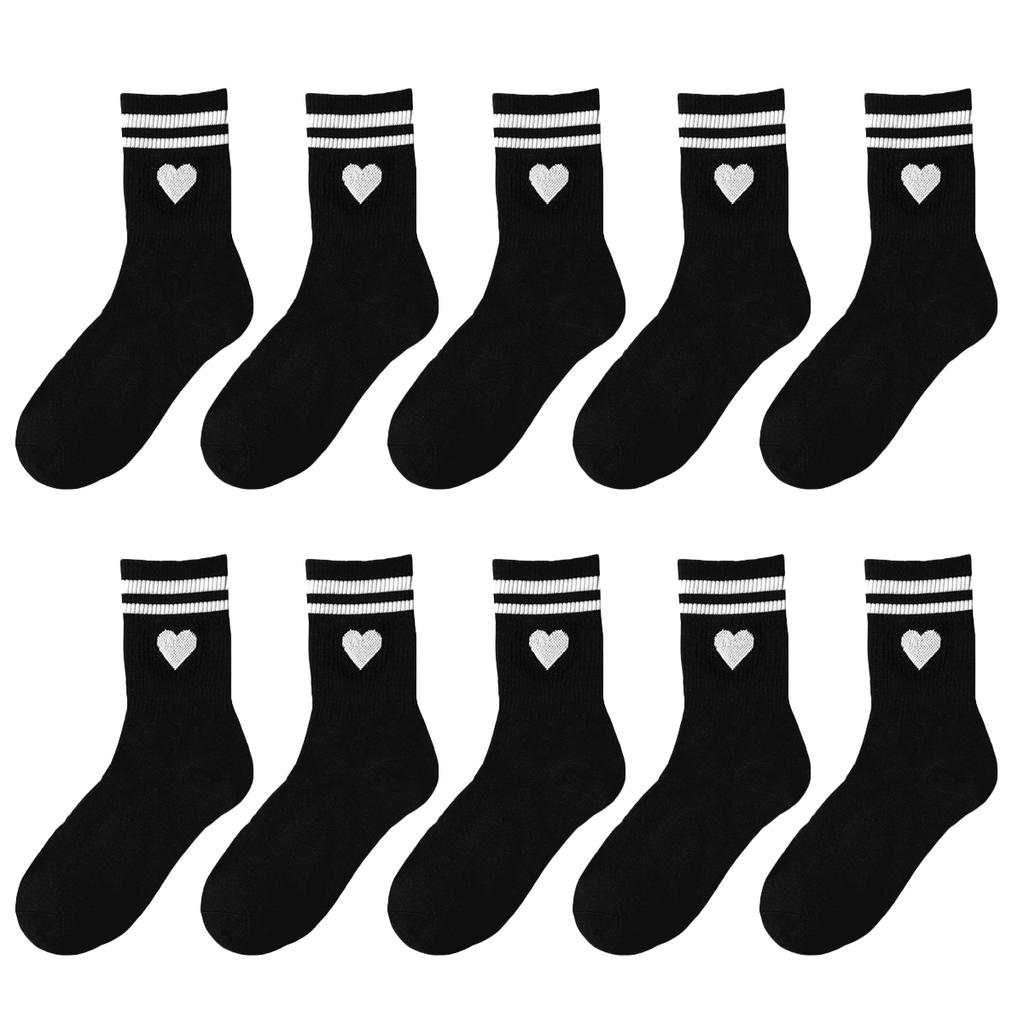 3/5/10/20 Pairs Women's Crew Socks Black Socks, Heart and Stripes, Comfortable, Breathable, Moisture-Wicking