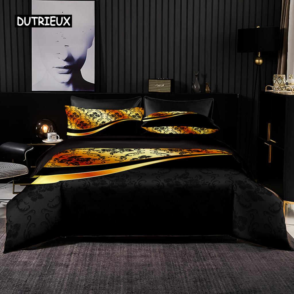 Textured Black Gold Floral Duvet Cover Set with Pillowcases Premium Bedding for Adults Men Women Gifts Bedroom Decoration
