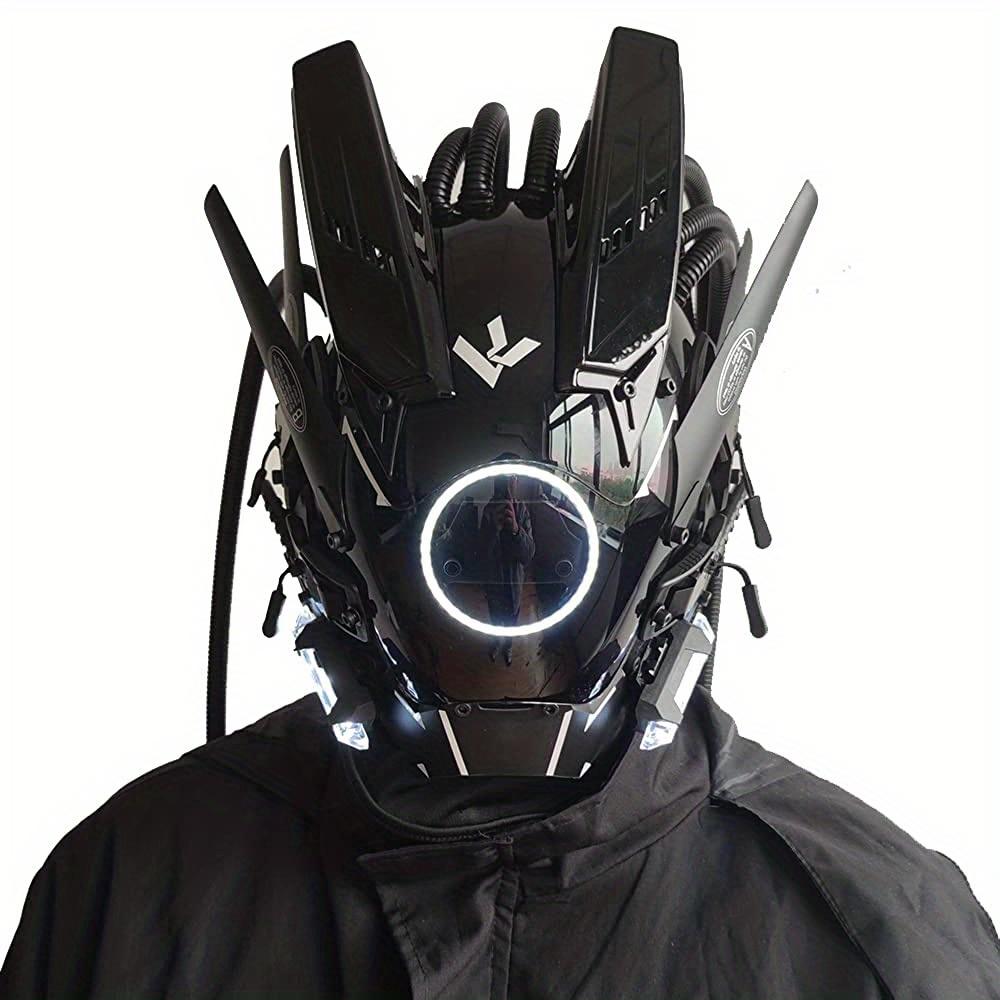 New Tubular Braid Black Cyberpunk Mask Round Light Wing LED Light-emitting Mask Cosplay Sci-fi Gear Party Music Festival