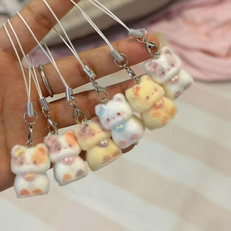 Kawaii Plush Cute Cat Keychain Flocking Animal Pendant Phone Lanyard Hanging Keycord Charm Key Chains DIY Accessories Girl Gifts