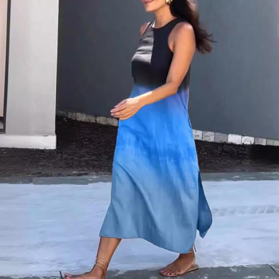 Летнее женское платье с градиентом и цветными блоками, без рукавов и с круглым вырезом, свободное до середины икры, вечерние пляжные платья миди для свиданий и отдыха
