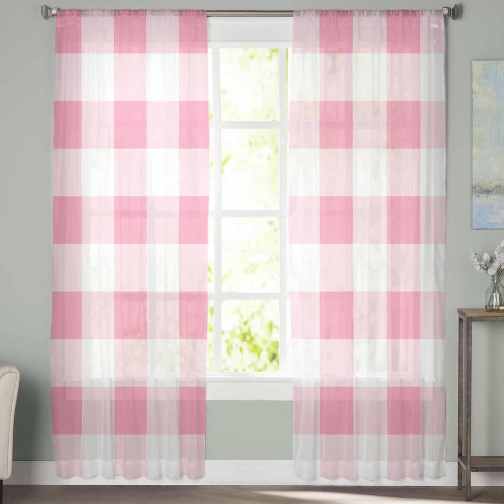 Розовый клетчатый узор, весенние шторы для спальни, тюлевые прозрачные занавески для гостиной, домашний декор, вуаль, шторы