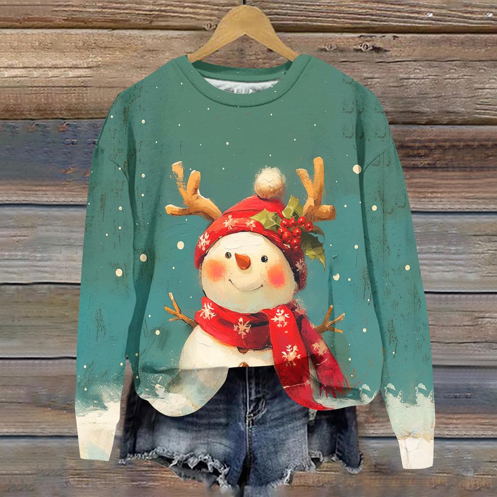 Женская толстовка с рождественским принтом, с длинным рукавом и круглым вырезом, свободный топ