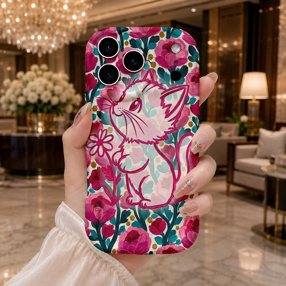 Floral Line Art Cat Wavy Edge Phone Case For iPhone 16 15 14 Pro Max 13 12 11 Mini XR XS SE 2020 7 8 Plus Air Cover Frame