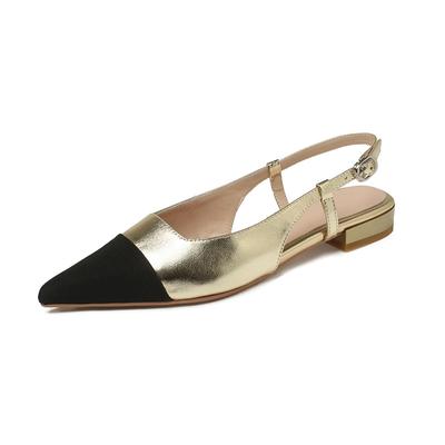 Кожаные летние кожаные сандалии Baotou с острым носком внутри и снаружи, одинаковые по цвету, с черной головкой и плоской подошвой для женщин