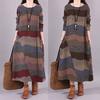 2025 Spring Women's Mid-Length Patchwork Striped Cotton Linen Dress with Round Neck and Long Sleeves