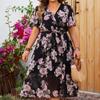 Summer Women's V-neck Short Sleeve Floral Print Dress High Waist Slim Comfortable and Breathable Long Dress Fashion Casual Plus Size Beach Dress