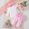 Летний детский комплект из трех предметов: длинные брюки цвета хаки в клетку с бантом и длинными рукавами для девочек + повязка для волос