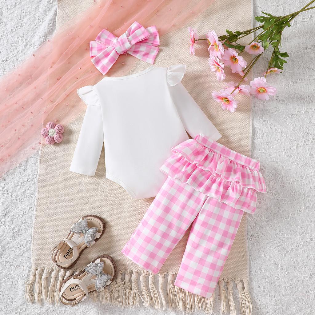 Летний детский комплект из трех предметов: длинные брюки цвета хаки в клетку с бантом и длинными рукавами для девочек + повязка для волос