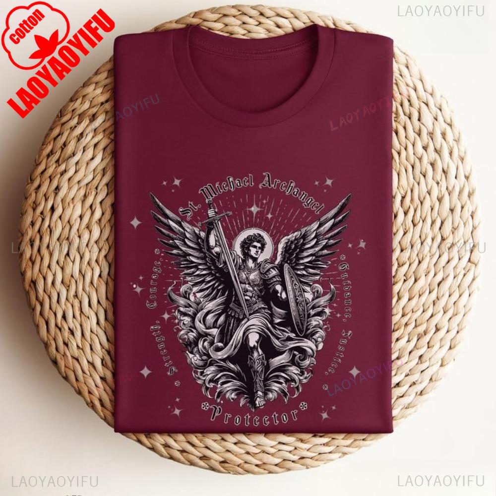 St Michael Archangel Tshirt Catholic Vintage ClipArt Gifts Shirt Retro Church Clothing Devotional Men Women Cotton Tee Tops