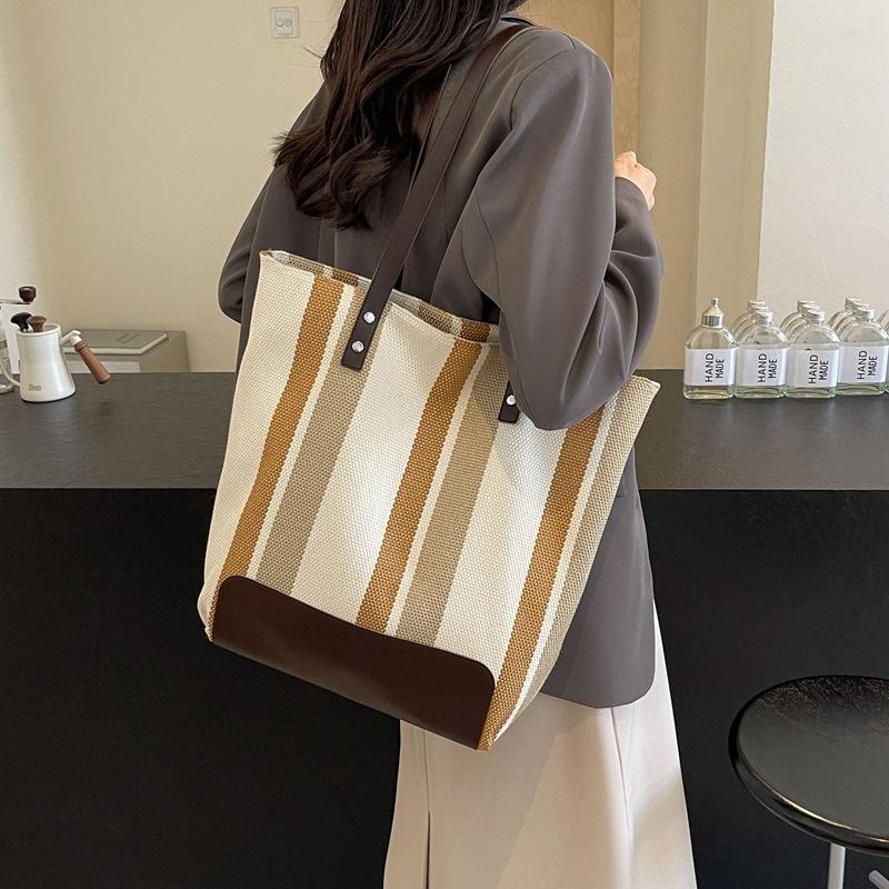 Новая вместительная холщовая сумка в контрастную полоску, женская универсальная сумка через плечо, портативная сумка-тоут